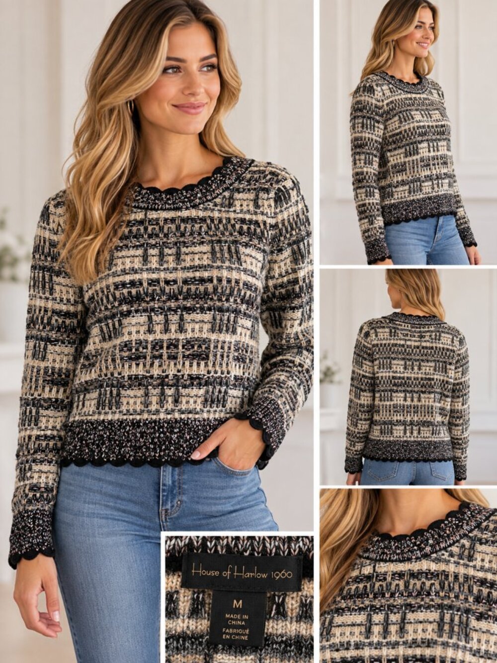 House of Harlow 1960 Black, Blue, Cream Crop Sweater with metallic accent - M